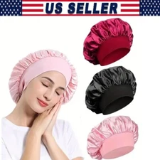 Women Satin Bonnet Night Sleep Cap Hair Hat Silk Head Cover Wide Elastic Lot
