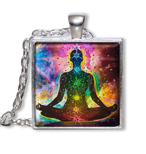 Celestial Yoga Stance Mantra Zen - Handmade Square Glass Pendant Necklace 25mm - Picture 2 of 7