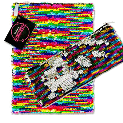 Rainbow Multi Colour Reversible Sequins Girls Notebook /& Flat Pencil Case Gift