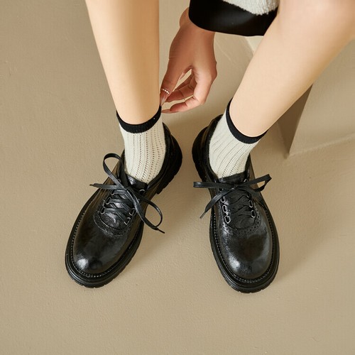 Women's 2024 Fashion Leather Round Toe Lace Up Platform Oxford Brogue Shoes SUPE - Picture 6 of 14