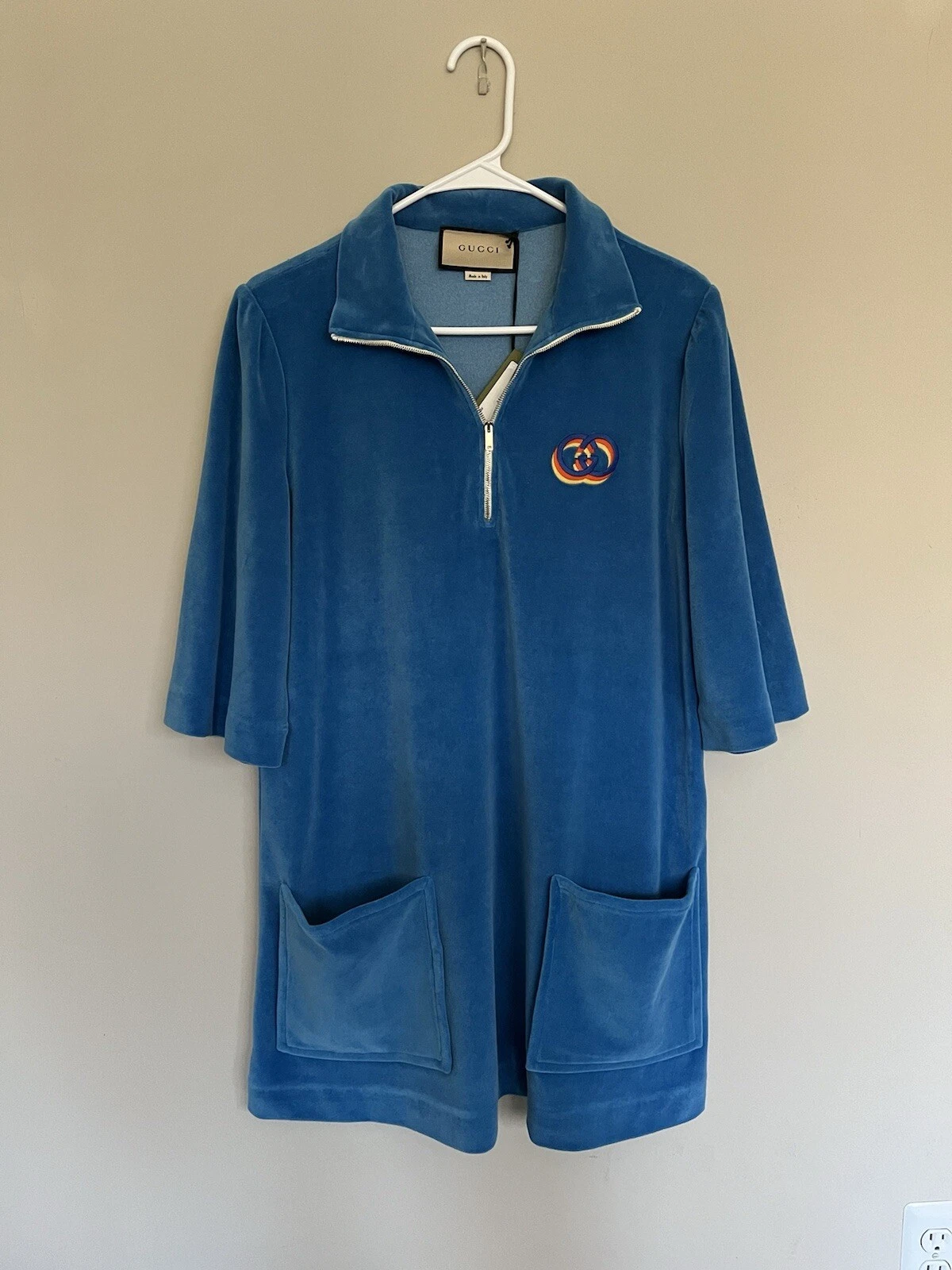Auth.Gucci Robe velours bleu royal logo brodé poitrine M