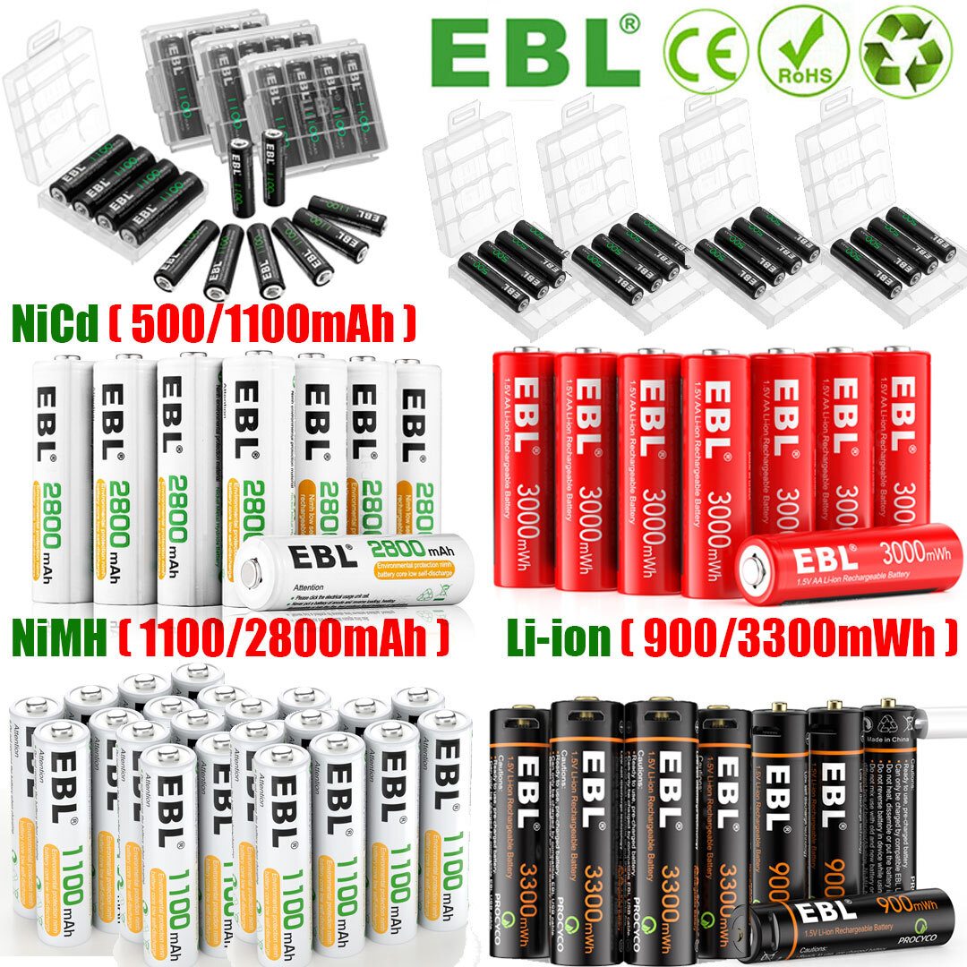 Lot EBL AA AAA Rechargeable Batteries Lithium Li-Ion / NI-MH / NiCd Battery USA