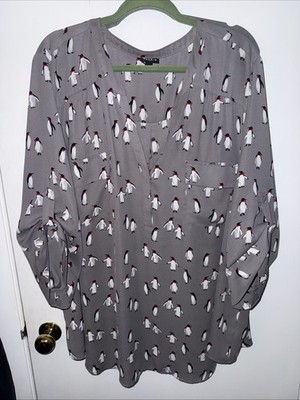 Torrid 5x 5 Plus Size Lustrous Harper Penguin 3/4 Sleeve Blouse Deep V Neck Grey