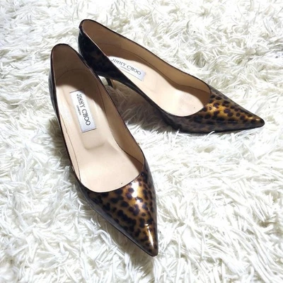 Escarpins à bout pointu en cuir verni imprimé léopard JIMMY CHOO marron pour ... - Photo 1/4