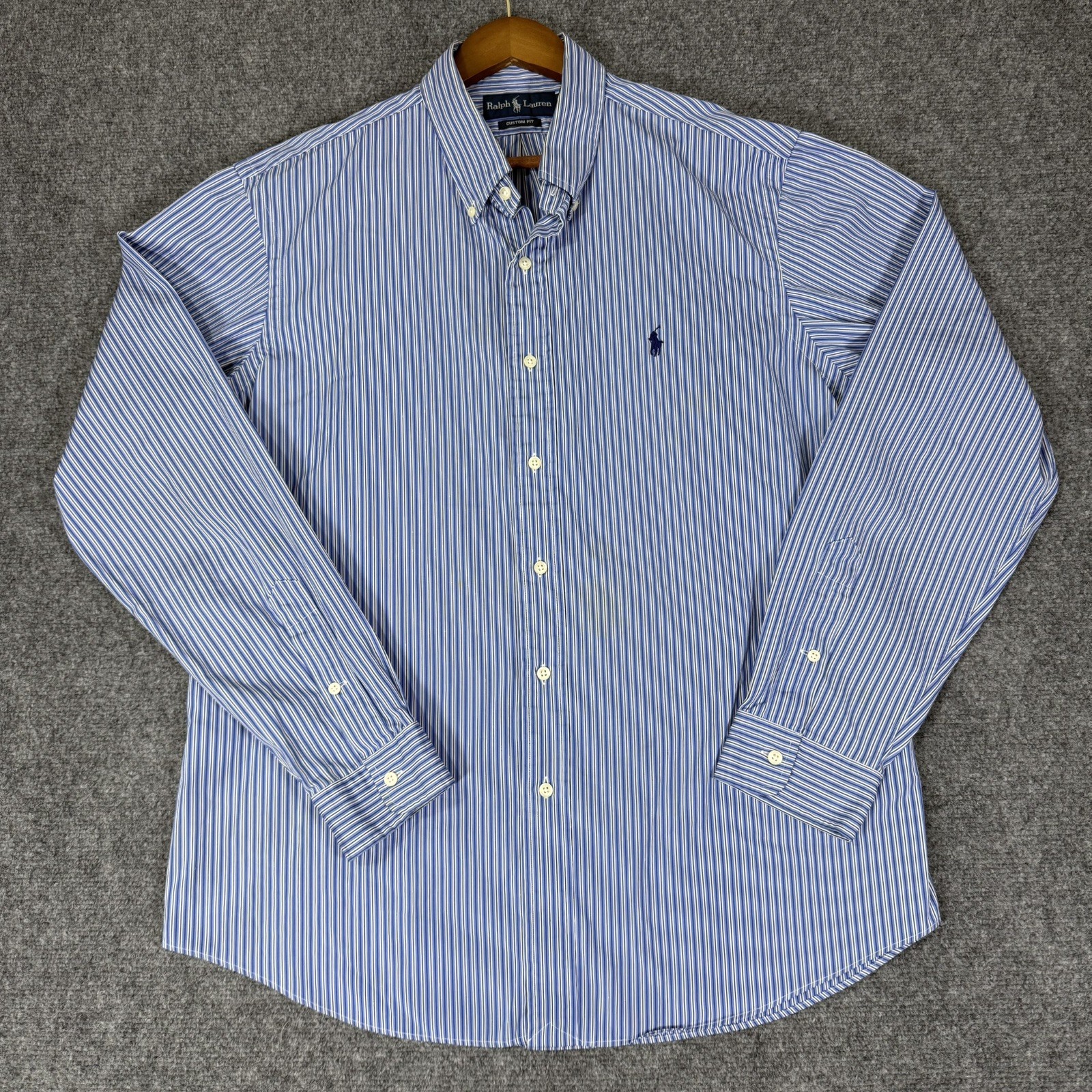 🐎 Ralph Lauren Shirt XL Mens Blue Striped Custom Fit Long Sleeve Button Down