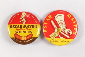 2 Vintage Oscar Mayer Wieners Advertising Pinback Button 1930s-1940s