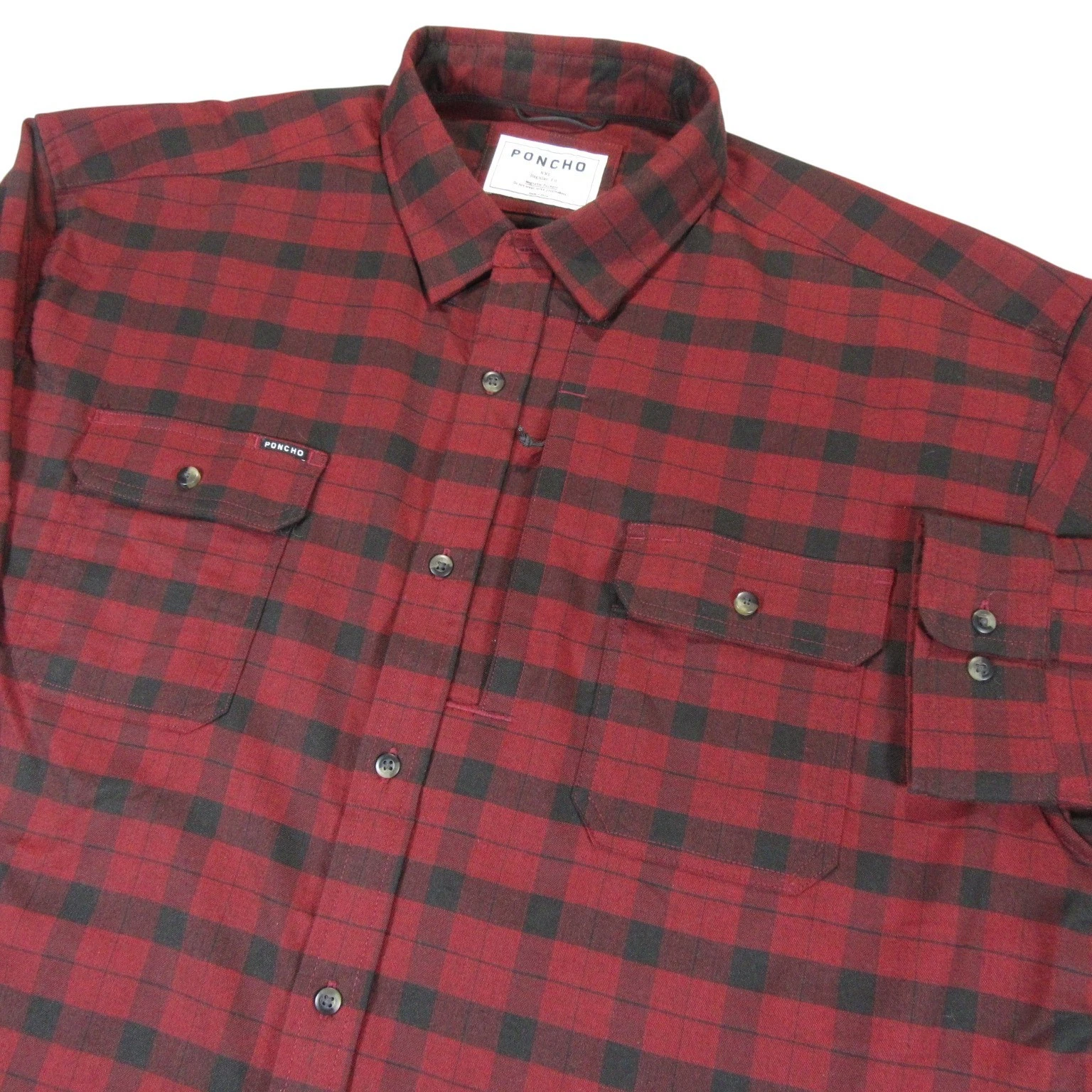 Poncho Mens Button Up Flannel Shirt 2XL Regular Fit Red Black Plaid Stretch