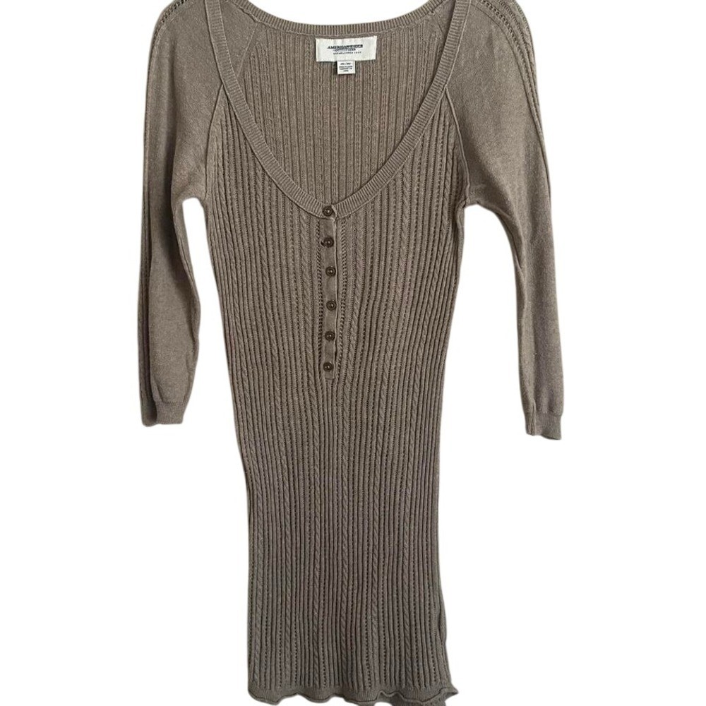 VTG Y2K American Eagle Cable Knit Long Henley Sweater Ribbed Preppy Brown M