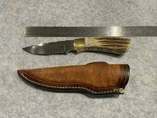 Jerry Corbin Custom 9.25” Fixed Blade Knife Combo Edge Stag Handle W/ Sheath