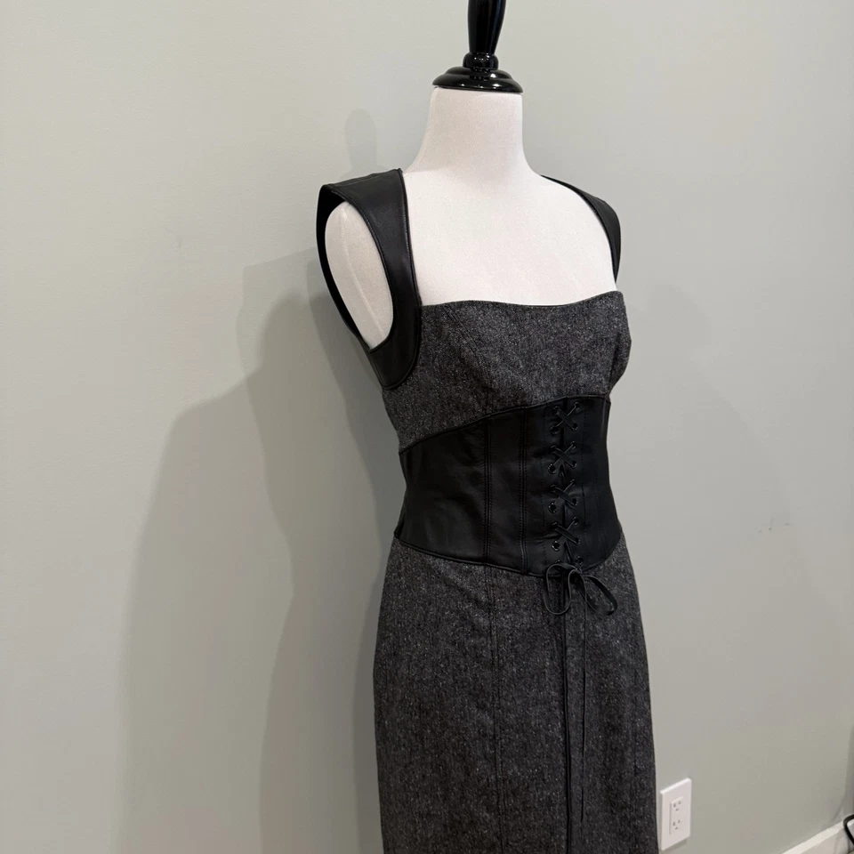 Vestido Lápiz Bebe Vintage Y2K Cuero Real Corsé Lana Midi Gris Tweed Talla 8 Foto 3 de 4