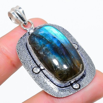 Natural Fire LabradoriteGemstone 925 Sterling Silver Jewelry Pendant Size 2''