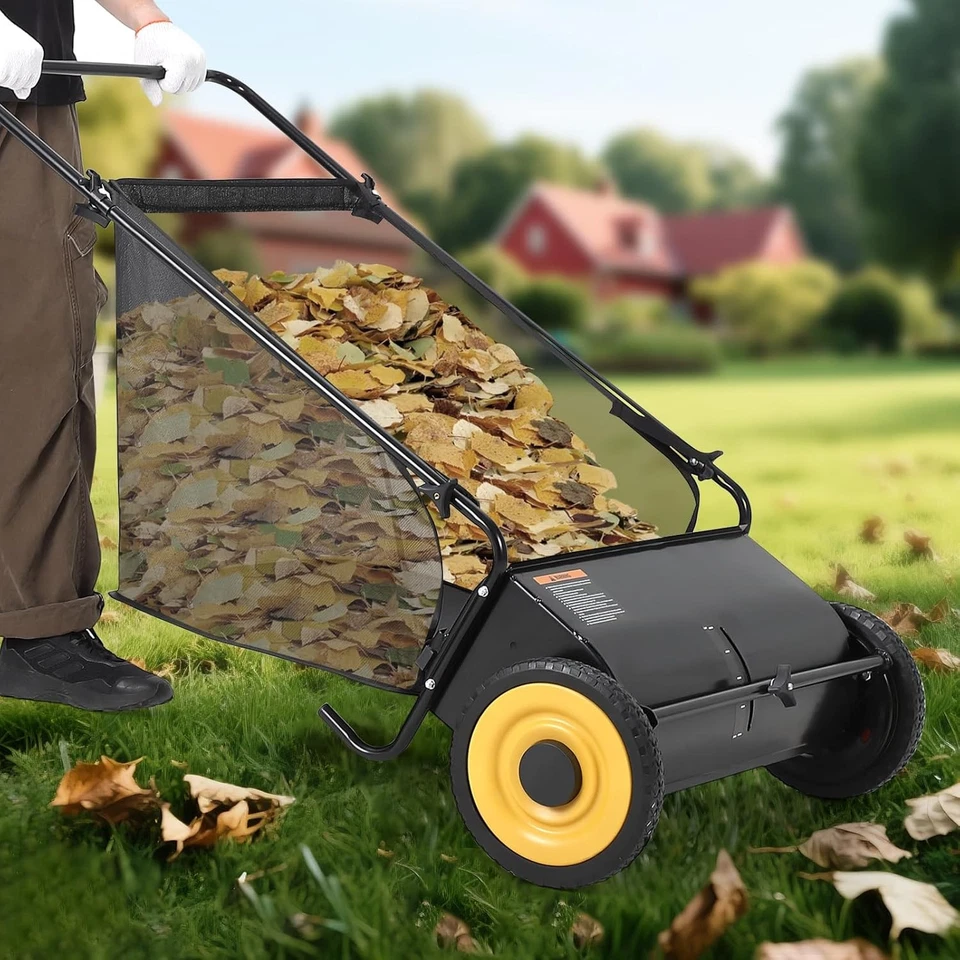 26" Push Lawn Sweeper with 7 Cu. Ft. Hopper Manual Leaf Sweeper Adjustable Brush - Image 3 of 4