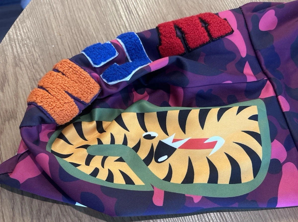 A Bathing Ape Pink Camo Shark Tiger WGM Embroidered Fleece Full Zip Hoodie.