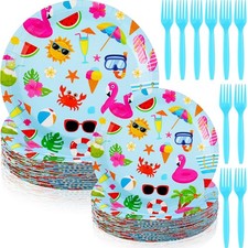 90 Pcs Summer Pool Party Paper Plates and Forks Pool Party Supplies 9'' Dispo...
