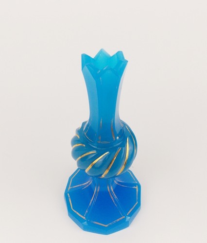 Antico vaso in vetro opalino Biedermeier 1840 con costole dorate Boemia Austria - Foto 2 di 7