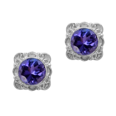 Vintage Design Stud 6MM Round Shape Tanzanite 925 Sterling Silver Women Earrings