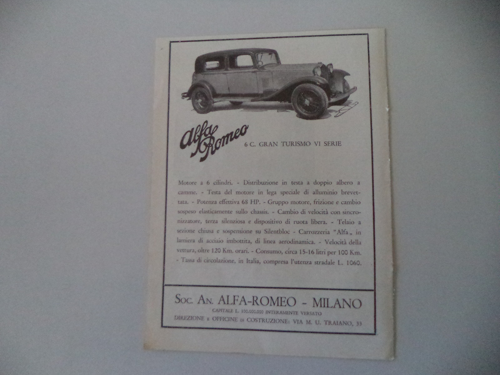 advertising advertising advertising 1933 ALFA ROMEO 6C GRAN TURISMO VI SERIES