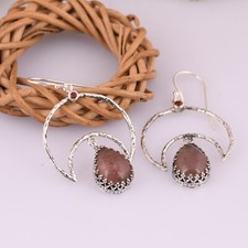 Crescent Moon Handmade Textured 925 Silver Earrings With Strawberry Quartz