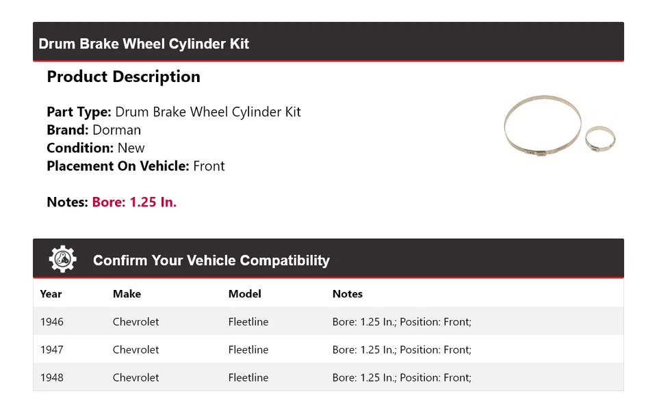 Kit de cilindro de rueda de freno de tambor delantero para Chevrolet Fleetline Dorman 1946-1948 Foto 2 de 4