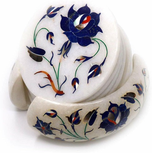 Ensemble de dessous de plat marbre floral lapis lazuli pierres semi-précieuses insert fait main - Photo 1/4