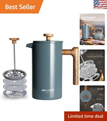 Elegant 34 oz POLIVIAR French Press with Real Wood Handle & Double Wall Insul...