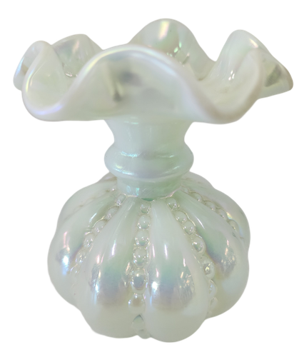 Fenton Sea Green Satin Opalescent Beaded Melon Vase 4.5" Tall 3.5" Wide - Picture 4 of 6