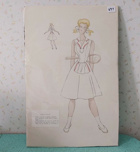 Vintage Fashion Sketch Tennis Outfit 17,5"x11,5" Aquarell in Kunststoff verpackt - Bild 1 von 7