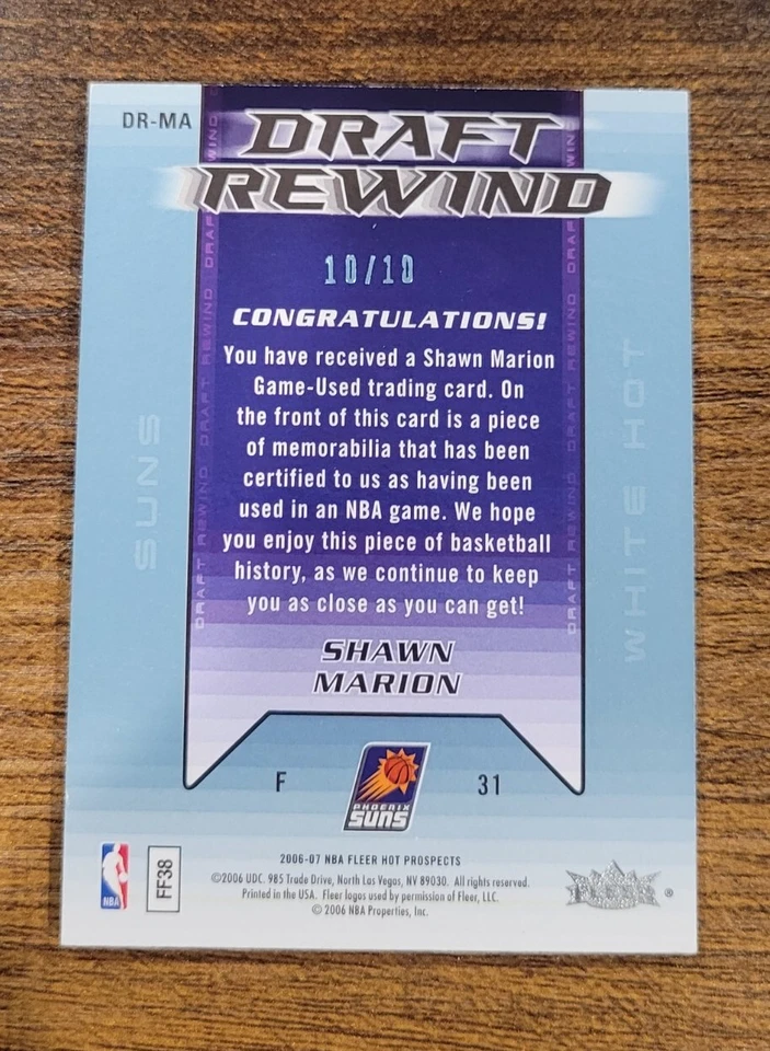 2006-07 Fleer Hot Prospects 白色热材料补丁 Shawn Marion /10 1/1 SSP — 第 2/3 张图片