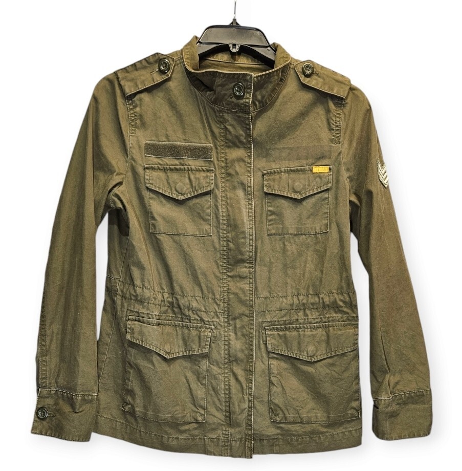 Old Navy Jacket Medium Military Pine Needles Patch Snap Zip Button Green Olive