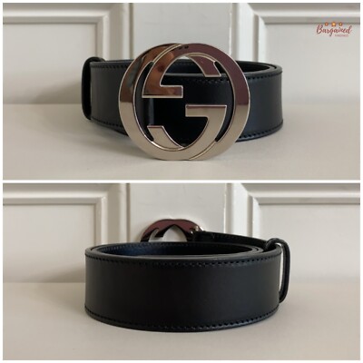Authentic Gucci Black Calfskin Silver Interlocking G Buckle Belt