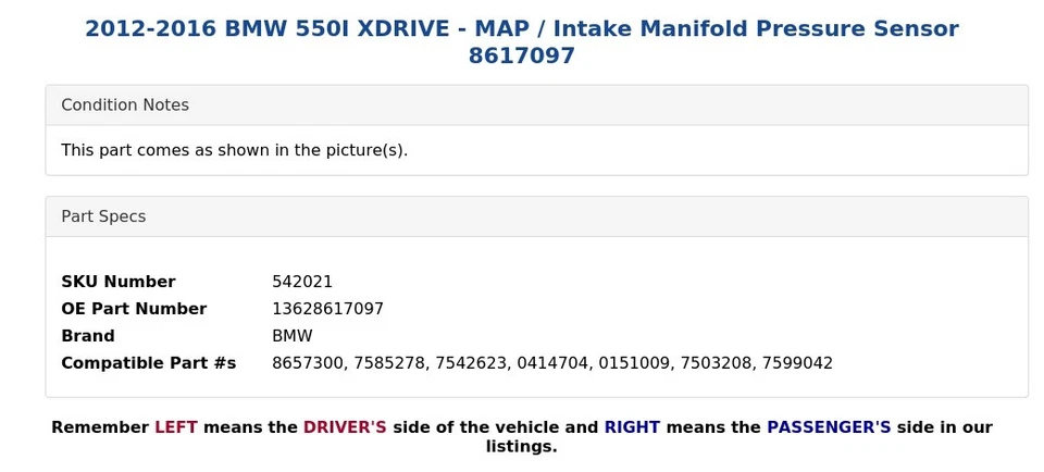BMW 550I XDRIVE 2012-2016 - MAPA/Sensor de presión colector de admisión 8617097 Foto 3 de 3