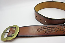 Vtg Brown Leather Belt Tooled Embossed Leaf Pattern Solid Brass Buckle 35"