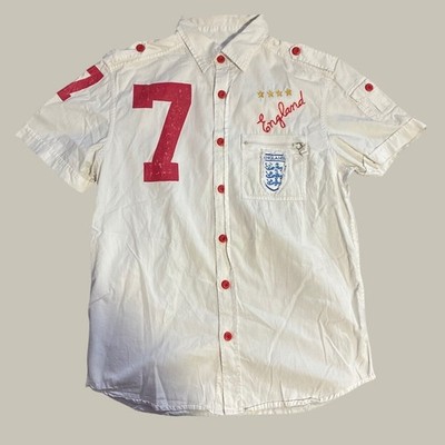 Toxic Waste England Soccer Number 7 Graphic Button Down Shirt White Mens Medium