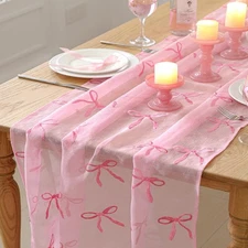 Embroidery Pink Bow Tulle Table Runner 9.2 ft Coquette Pink Cheesecloth Table...