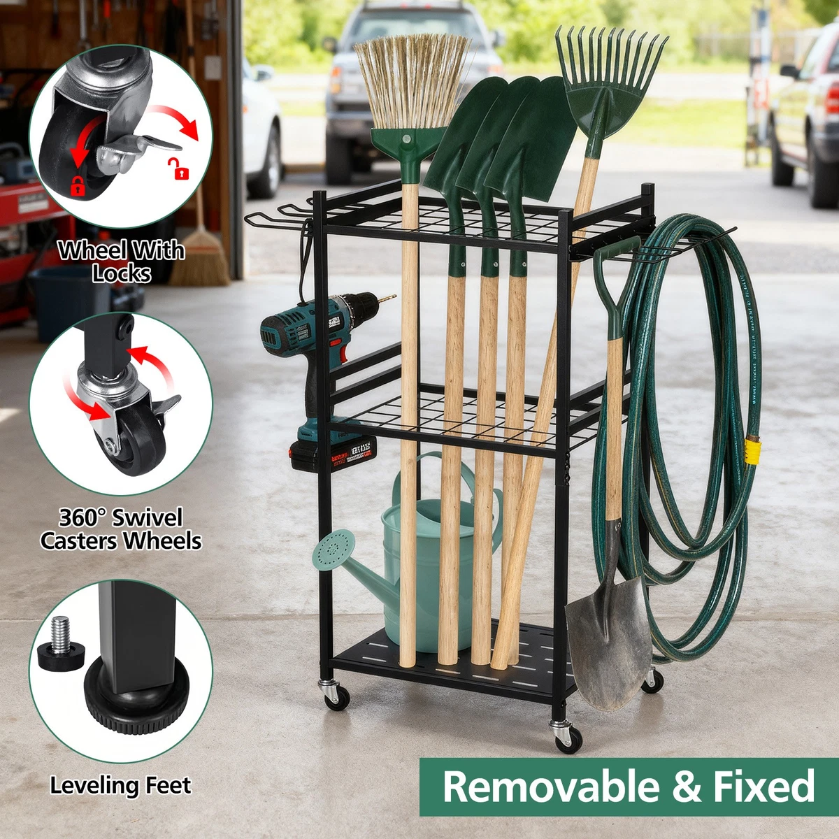 3 Tier Garden Tool Storage Rack Organiser Stand Holder with Wheels Side Hooks