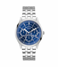 GUESS Armbanduhr Herren Edelstahl Silber Blau Analog Rund Römische Ziffern
