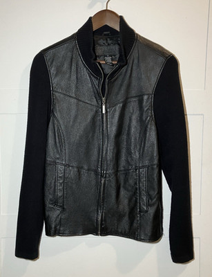Jaclyn Smith Womens Size 14 Black Leather Jacket Knit Sleeve Full Zip Moto Biker
