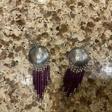 STERLING SILVER EARRINGS SOUTHWESTERN CONCHO WITH PURPLE  FRINGE
