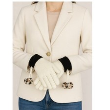 Liz Claiborne Knit Gloves with Pom Poms Cream  Black cold weather Cozy 71-14