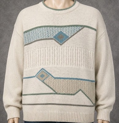 Tom Sayers Herren XL Vintage Geometrischer Zopfmuster Pullover Beige Rundhals Sweater