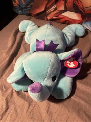 1998 Ty Pillow Pals Squirt Elephant Teal Blue Purple Bow Plush Stuffed Animal