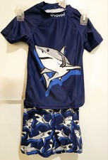 Child's Swimsuit Boys Blue Shark Theme Shirt Shorts Size 2/3 Yrs