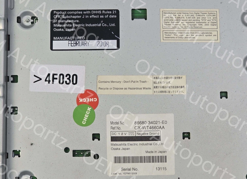 Toyota Sequoia 2011-2013 Overhead DVD Display Display Display Screen 86680-34021-E0 OEM Usado Foto 2 de 4