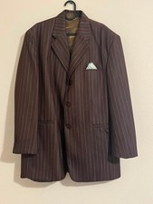 Complete Stacy Adams brown pinstripe suit with jacket, vest, pants, and handkerc
