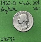 1932-D Washington Silver Quarter 25c Vg Very Good Key Date US Coin