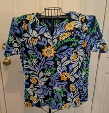 Croft & Barrow Short Sleeve, Split Neck Top, Blue Floral Print, Size XXL 20- ECU