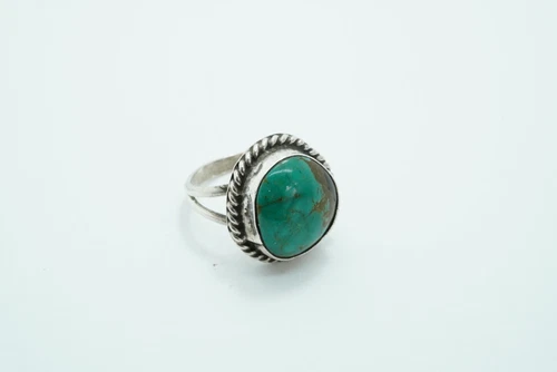 Vintage Silver Native American Turquoise Ring with Rope Border, Sz 6.5