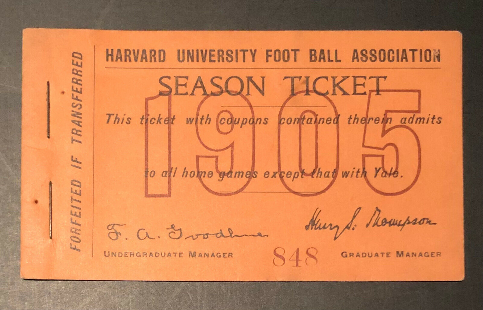 1905 Harvard University Football Season Ticket