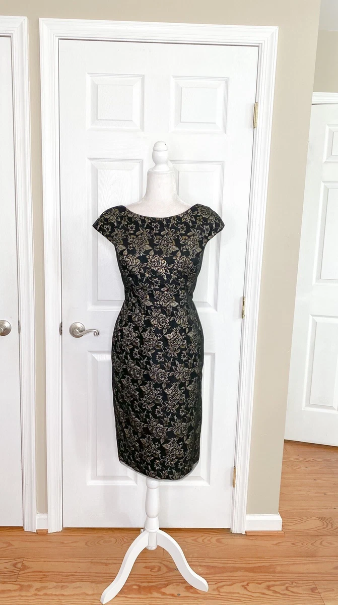Vera Wang Gold Metallic Floral Sheath Dress Size 4