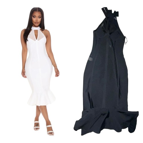 Fashion Nova Black Halter Neck Bandage Bodycon Cocktail Midi Dress Small New